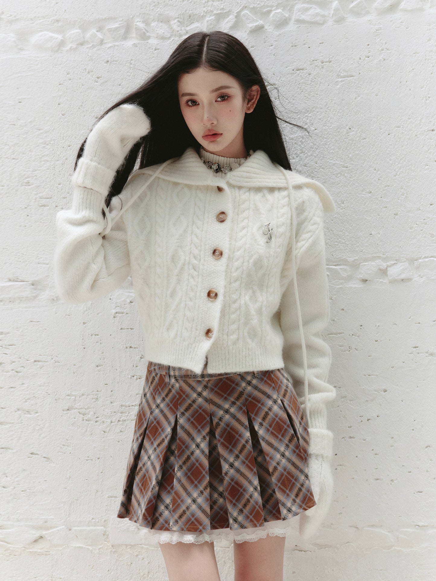 Collared Button-Up Cable Knit Cardigan