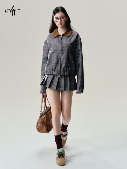 Plaid Zip-Up Jacket And Pleated Skirt Outfit