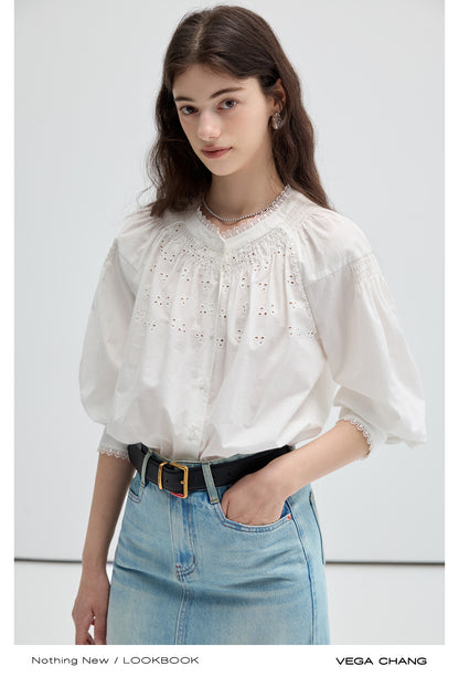 Embroidered Balloon Sleeve Blouse And Denim Skirt