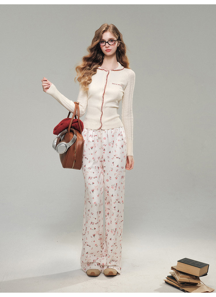 Red Rose Floral Print Pants, Belted Skirt