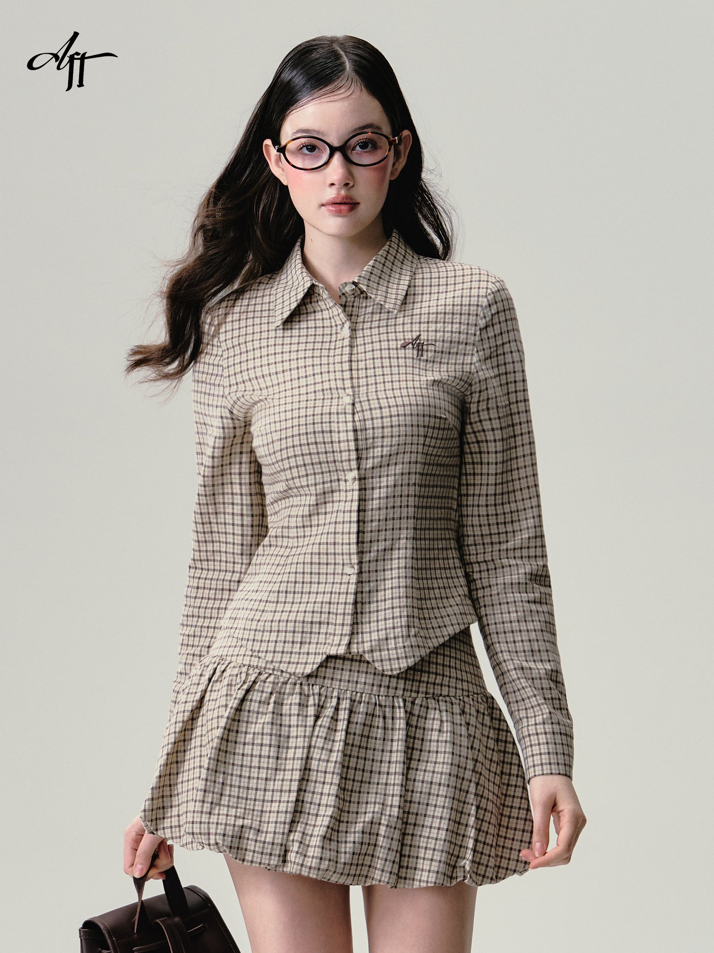 Cotton Plaid V-Hem Shirt And Balloon Mini Skirt Outfit