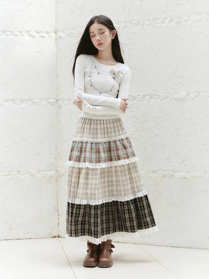 Plaid Patchwork Lace Trimmed Tiered Long Skirt