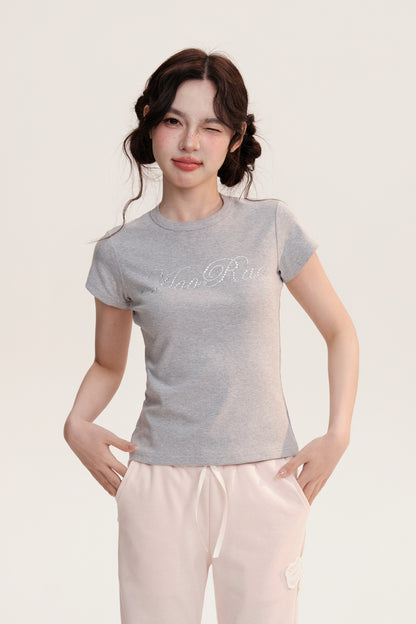 Rhinestone Letter Round Neck Cotton Basic T-Shirt