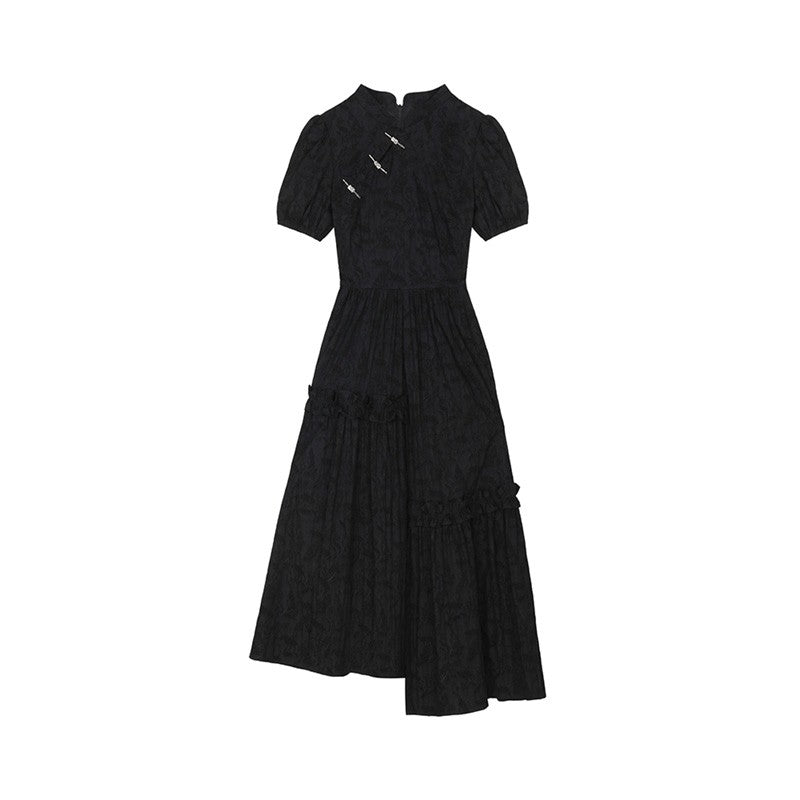 Ruffle Detailed Long Jacquard Qipao Dress