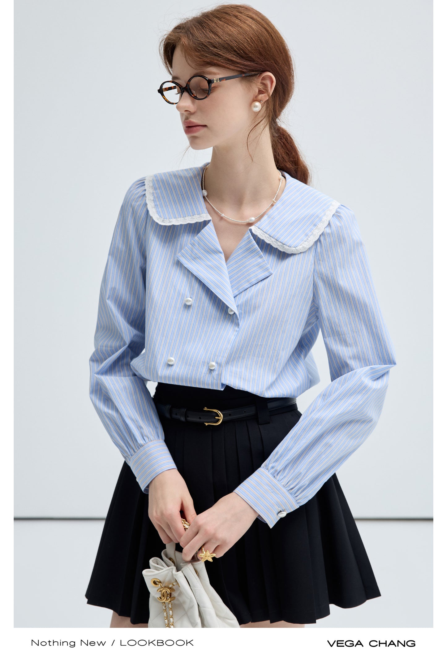 Frilled Round Collar Puff Sleeve Stripe Blouse