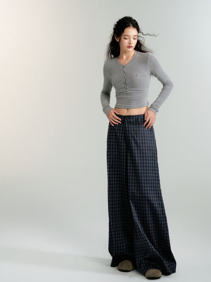 Low Rise Plaid Wide-Leg Straight Trousers