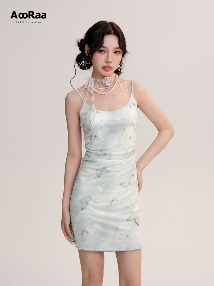 Butterfly Mesh Mini Cami Dress And Flower Necklace