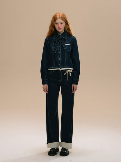 Double-Waist Cuffed Jeans With Tie Belt