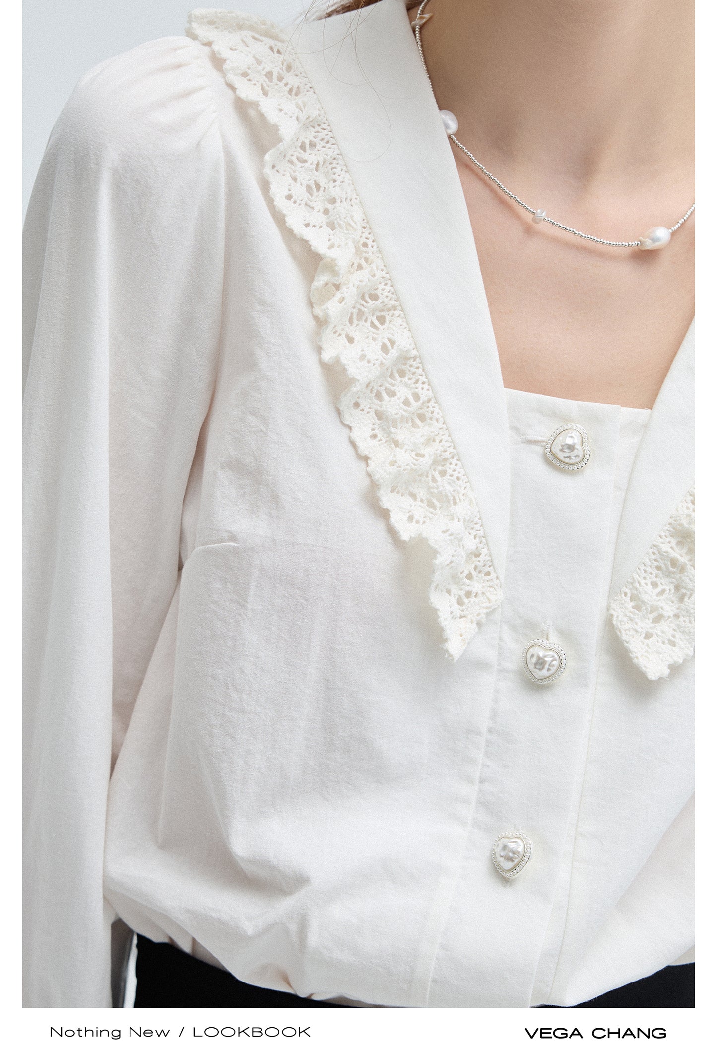 Heart-Buttoned Embroidered Lace Collar Blouse