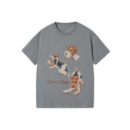 Illustrated Dog Print Round Neck Cotton T-Shirt