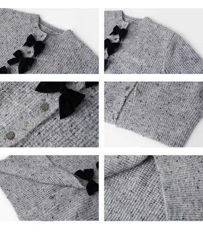 Melange Cardigan With Velvet Bow Accents