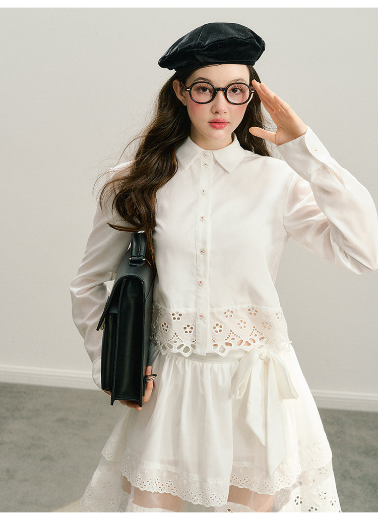 Eyelet Lace Shirt And Tulle Skirt With Ribbon Waist