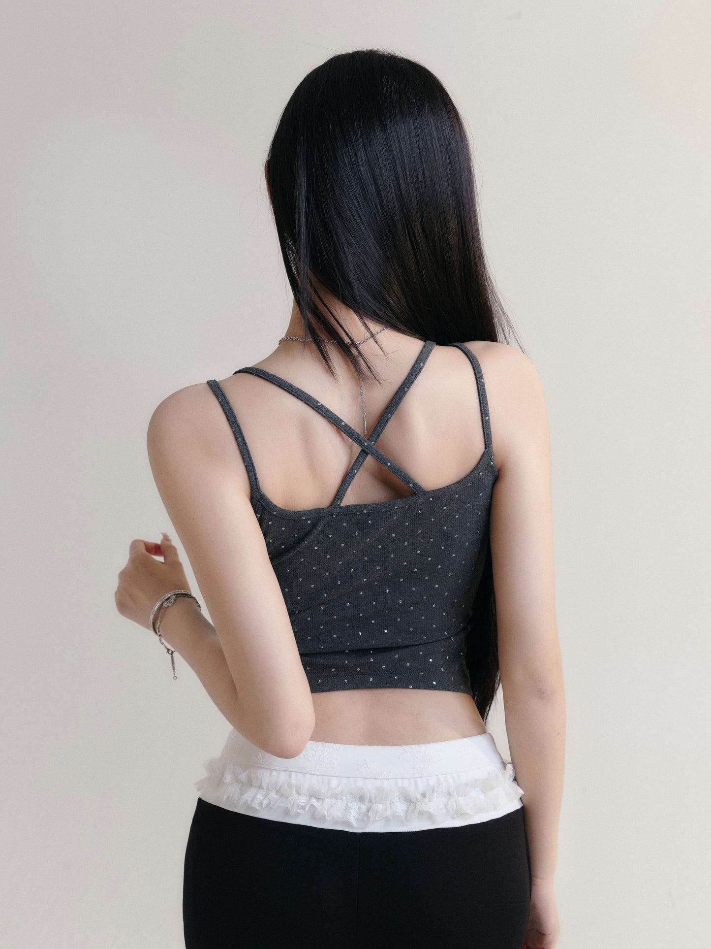 Dotted Cross Strap Lace Trimmed Crop Cami Top