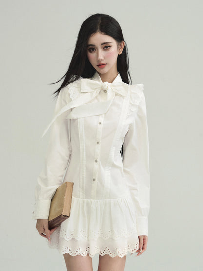 Tie Neck Mini Cotton Lace Shirt Dress