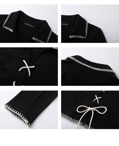 Lace-Up Design Stitched Edge Rib Knit Top