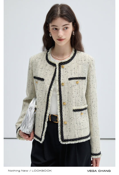 Fringed Edge Shoulder Padded Metallic Tweed Jacket