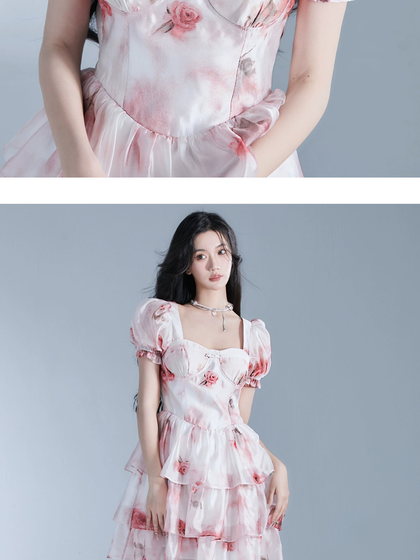 Rose Print Puff Sleeve Ruffled Glossy Chiffon Dress