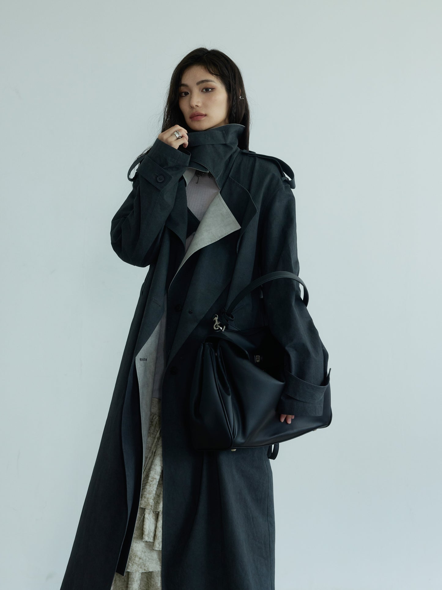 Two-Tone Belted Long Trench Coat