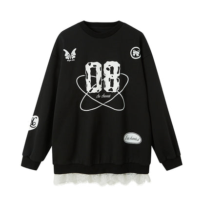 Sporty Girlish Lace Hem Print Sweatshirt