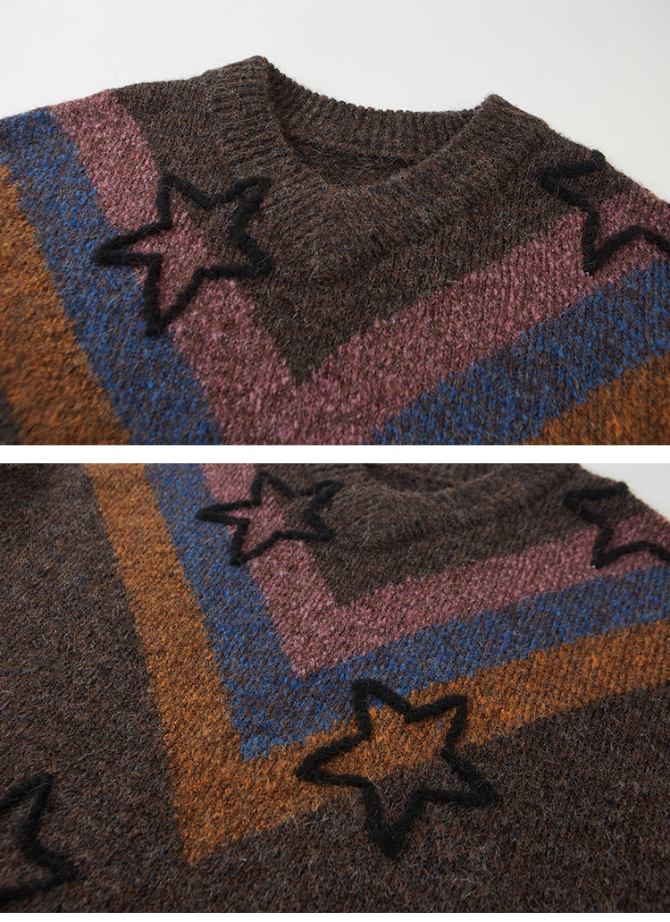 Wool Blend V Stripe Star Retro Knit Sweater