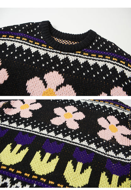 Multicolor Floral Jacquard Crew Neck Sweater