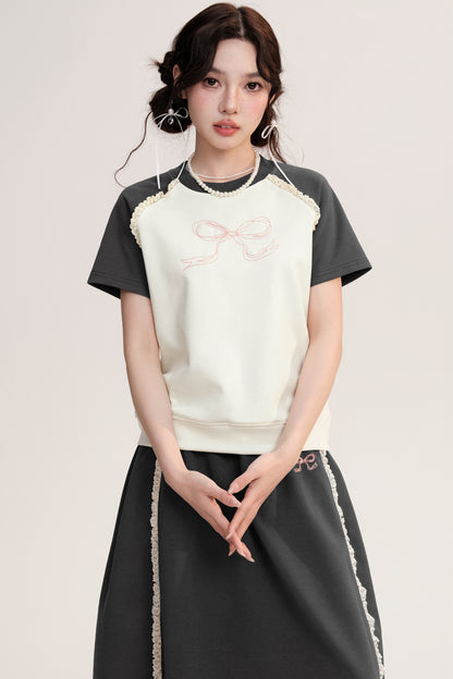 Bow Embroidery Frilled Raglan T-Shirt And Long Skirt