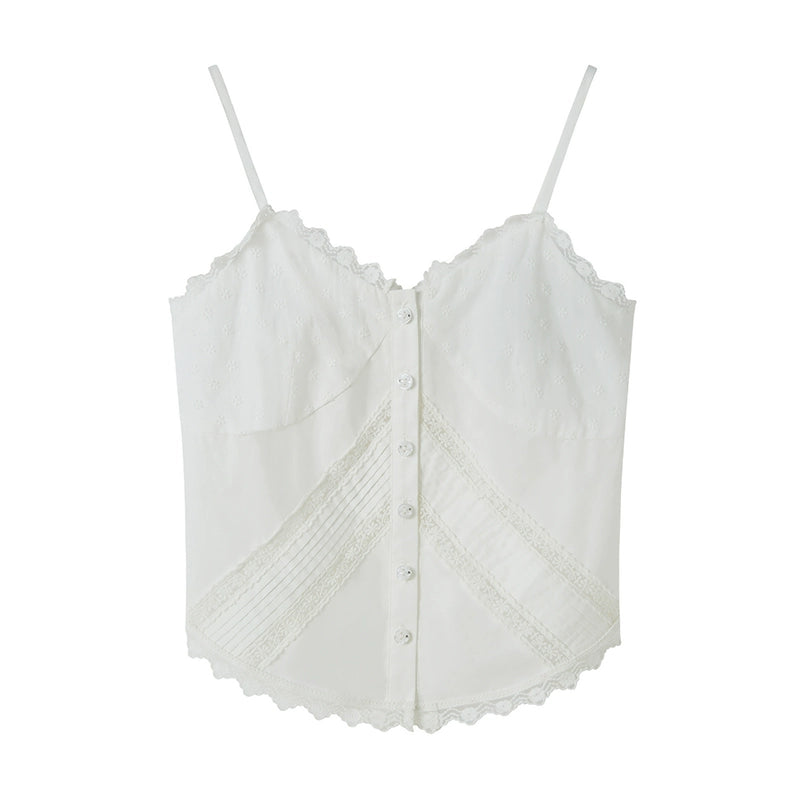 Button Down Lace Cotton Camisole Top With Round Hem