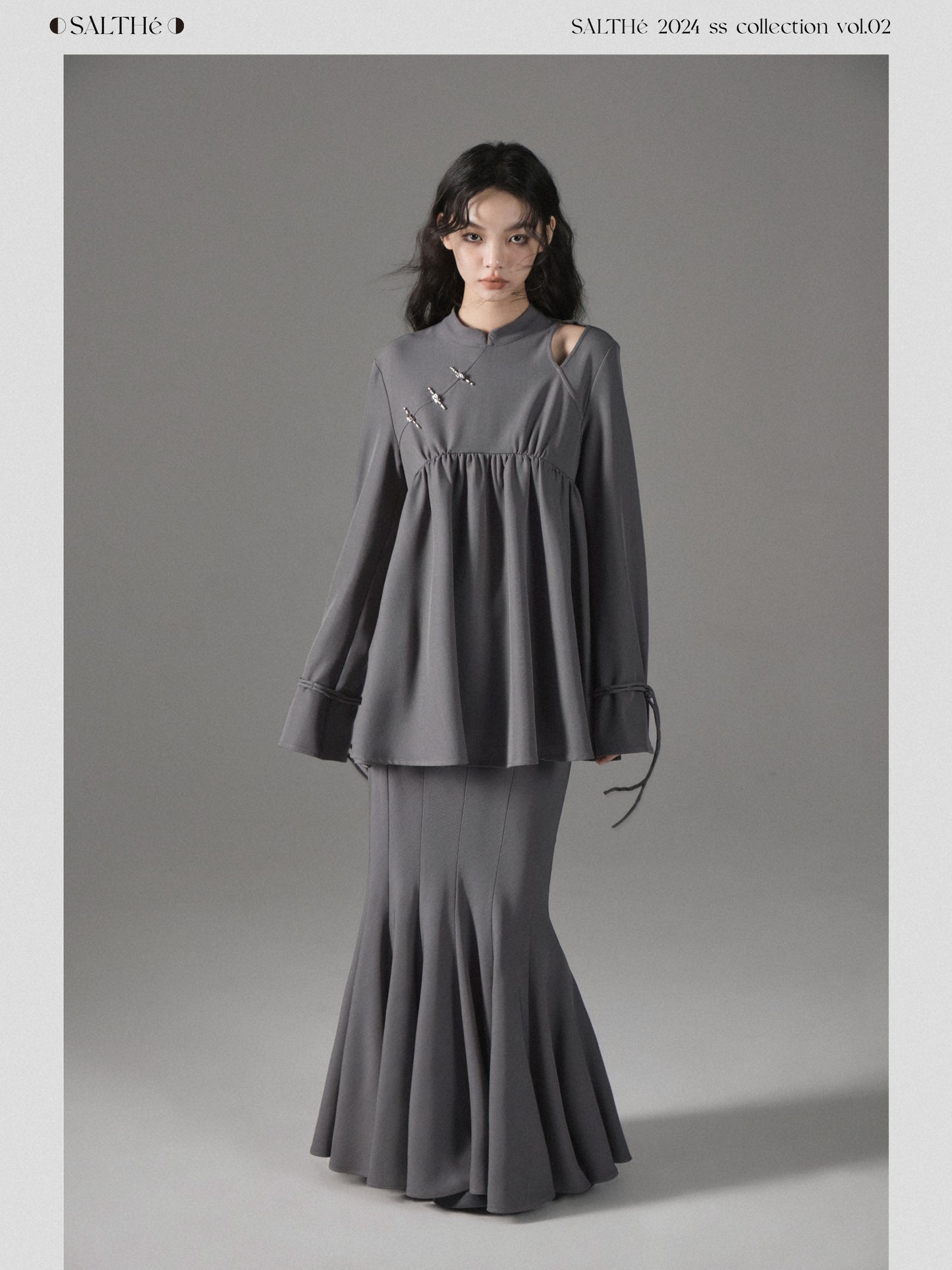 Qipao Style Twill Draped Top And Fishtail Skirt