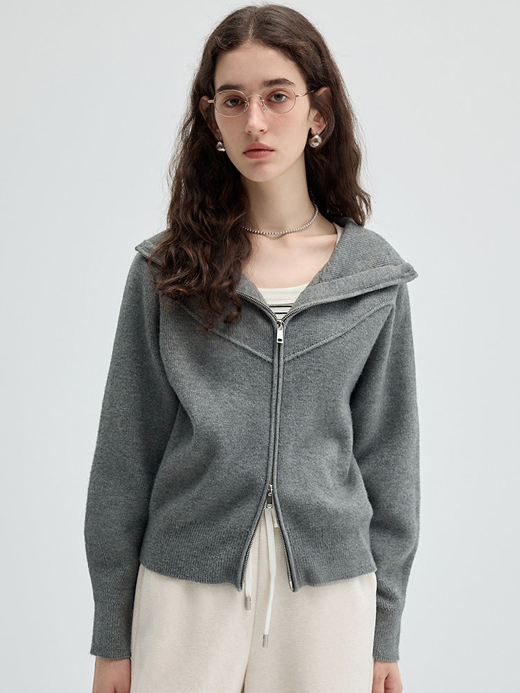 Double Closure Zip Up Knit Cardigan