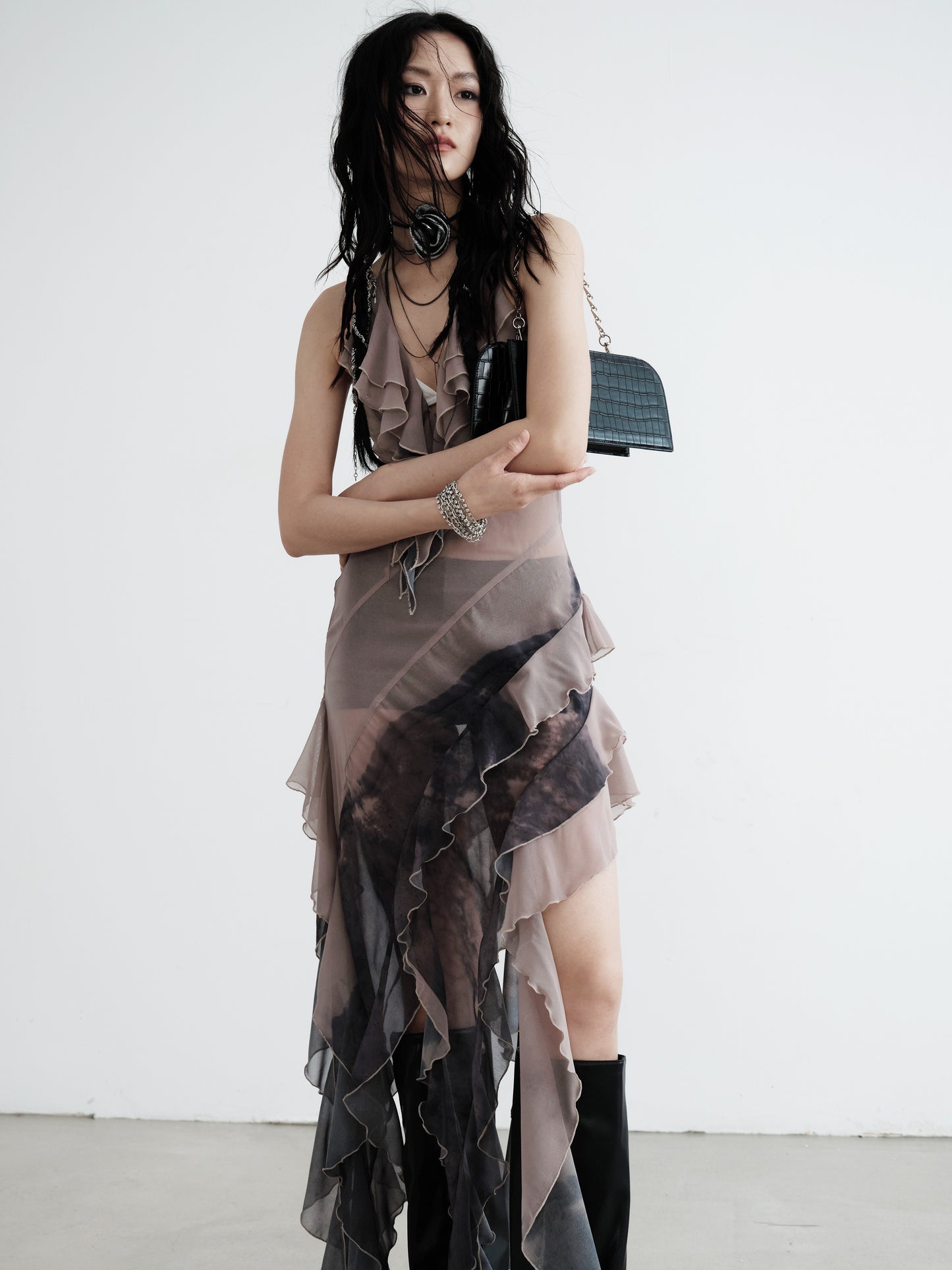 Asymmetric Smudge Print Sheer Chiffon Dress