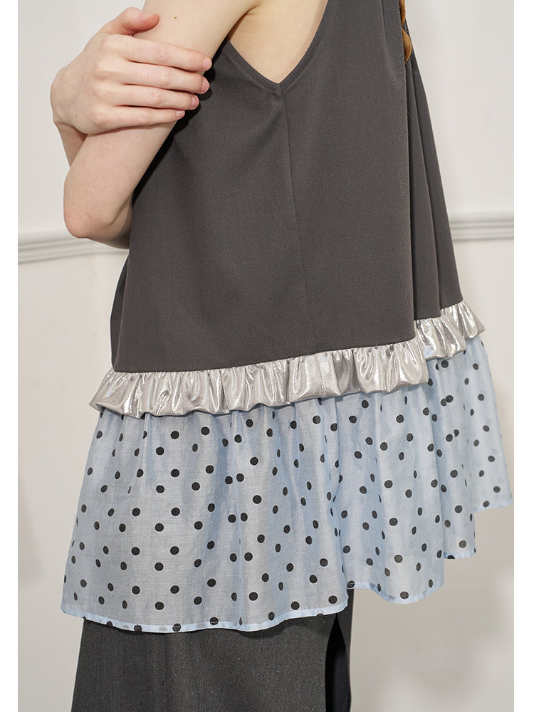 Metallic Frill Dot Hem Ruched Sleeveless Top