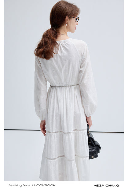 String Tie Neck Embroidery Long Tiered Smock Dress