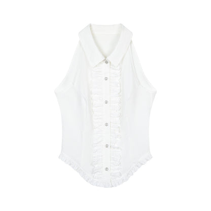 Sleeveless Frilled Lace Placket Round Hem Shirt