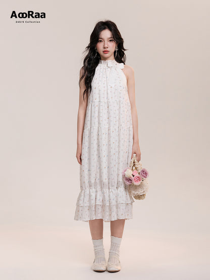 Floral Frill Neck Long Flowy Dress With Bow