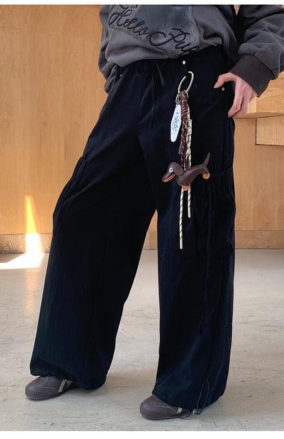 Drawstring Hem Cargo Pants With Oversized Pockets