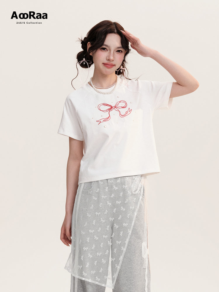 Bow Embroidery Beaded Round Neck T-Shirt