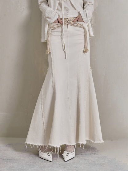 Fringed Long Denim Skirt And Beaded Macrame Belt