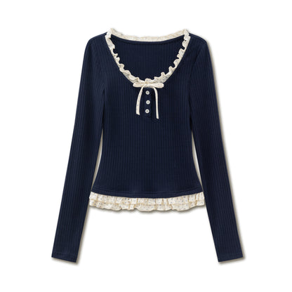 Layered-Look Rib Knit Top With Small Floral Frills