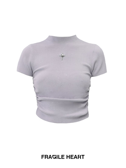 Starburst Charm Knitted Mock Neck Fitted T-Shirt