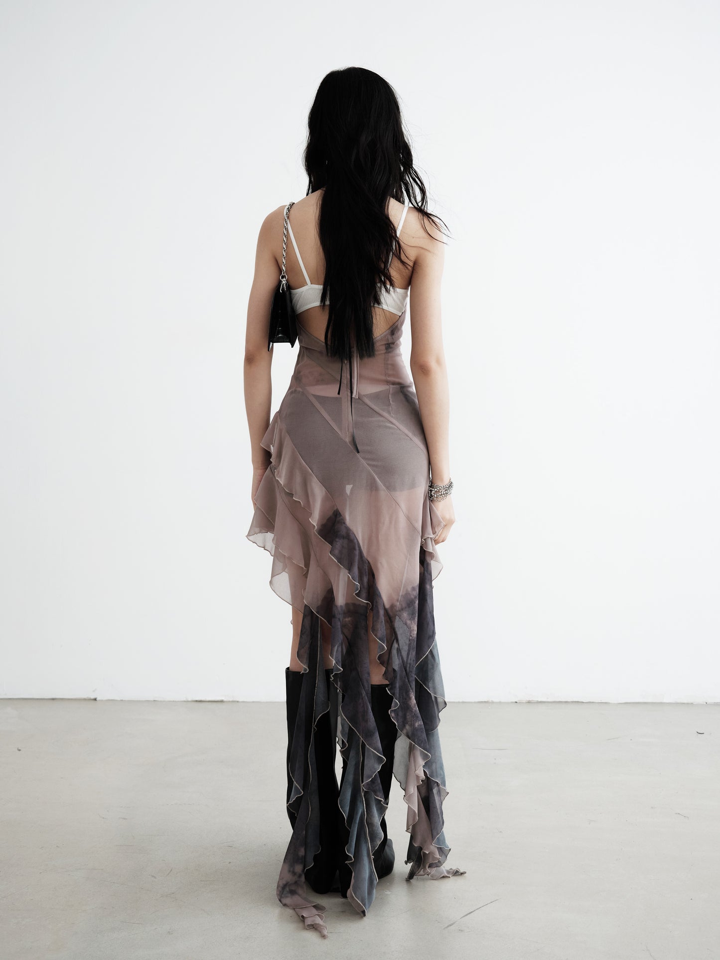 Asymmetric Smudge Print Sheer Chiffon Dress