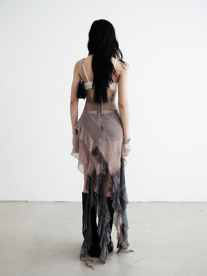 Asymmetric Smudge Print Sheer Chiffon Dress