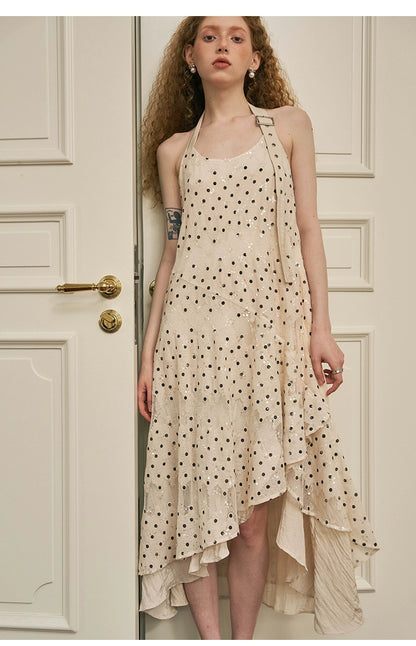 Sequin Polka Dot Belt-Style Halter Asymmetrical Long Dress