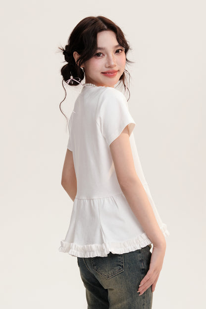 Illustrated Bows Print Frilled Hem T-Shirt