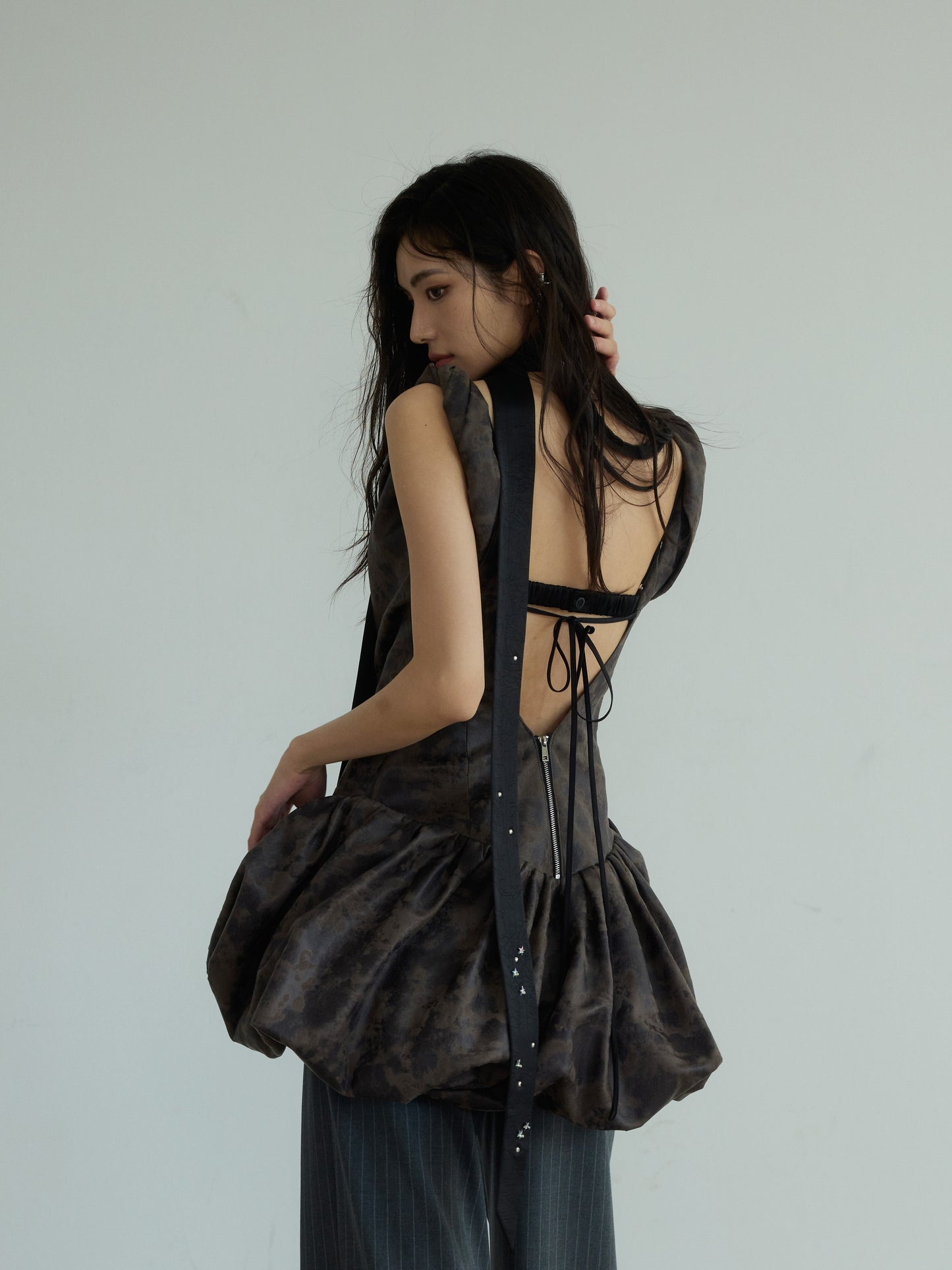 Faux Leather Twisted Balloon Top With Open Back