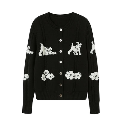 Puppy Jacquard Wool Blend Knit Cardigan