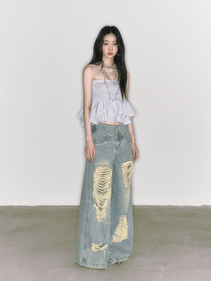 Vintage Style Distressed Shredded Wide Leg Jeans