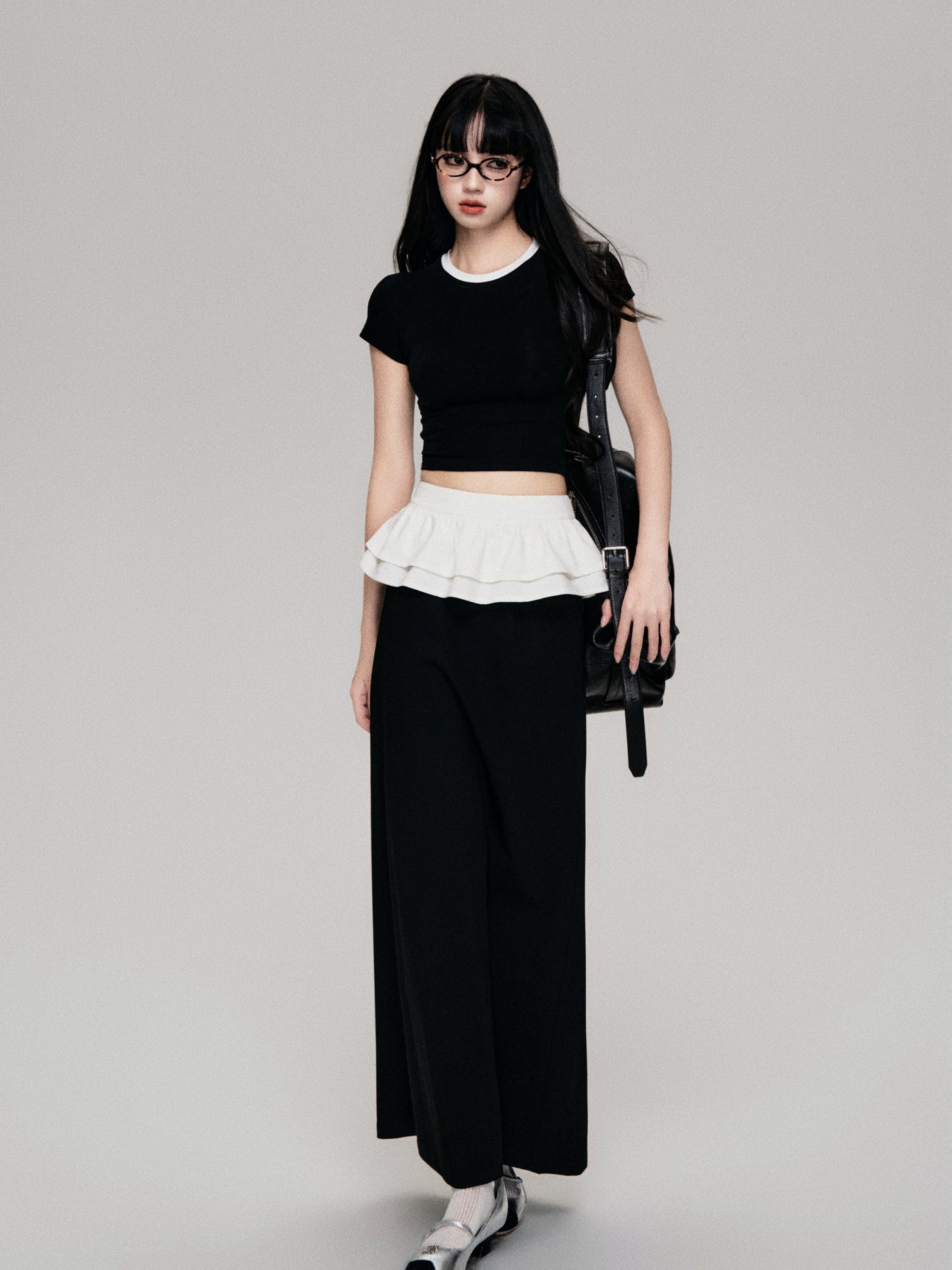 Contrast Color Back Slit Long Peplum Skirt