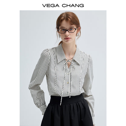 Tie Neck Frill Cuff Contrast Striped Blouse