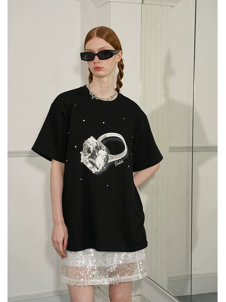 Oversized Diamond Ring Print Cotton T-Shirt With Rhinestones