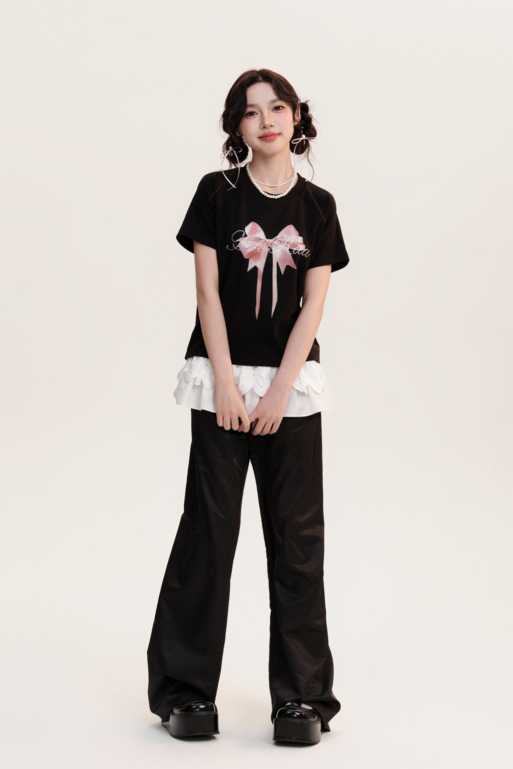 Bow Print Rhinestone Letter Cotton T-Shirt